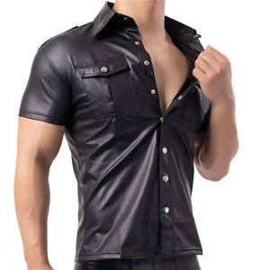 Black Faux Leather Shirt For Men Short Sleeve Stud Button Up Top - Mylivingdream Store