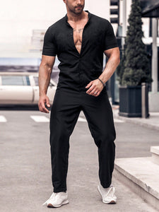 Button Up Shirt Jumpsuit For Men In Black - Mylivingdream Store