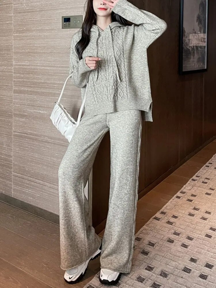 Knitted 2 Piece Set Long Sleeve Hoodie Top and Wide Leg Pant Suit Outfit  for Women in 5 Colours - Mylivingdream Store