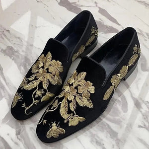 Loafers For Men In Black Faux Suede With Gold Embroidery - Mylivingdream Store