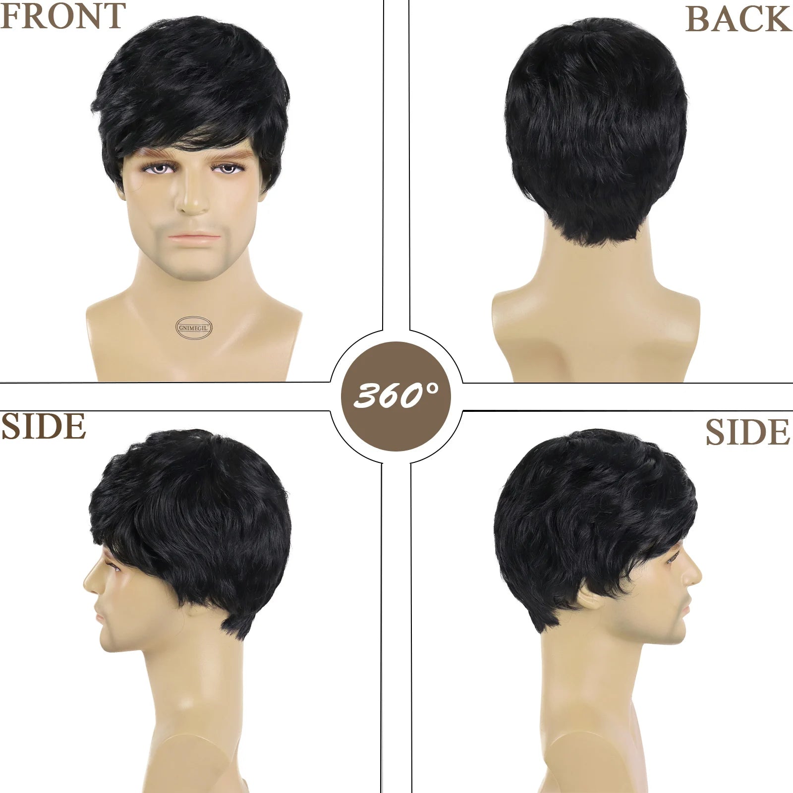 New Wigs for Men's Male Short Black Wig Natural Human Hair Crew Cut Hair  Style for Young Man Balding Sparse Hair